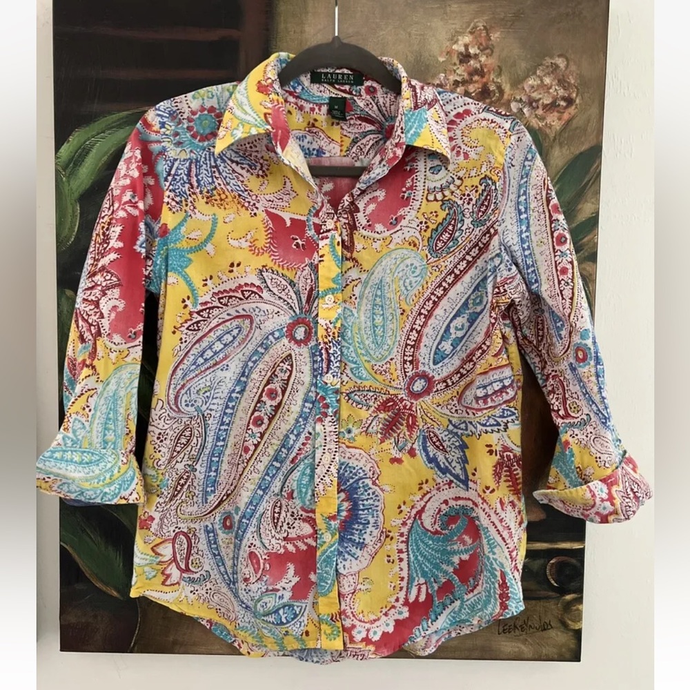 Ralph Lauren Paisley Button Down Top Shirt Blouse 3/4 Sleeves Cotton Collared M